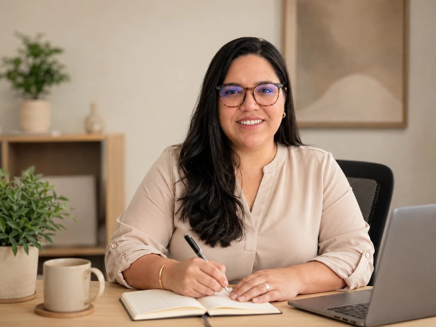 Maysa Moreira em mesa de atendimento com caderno e notebook